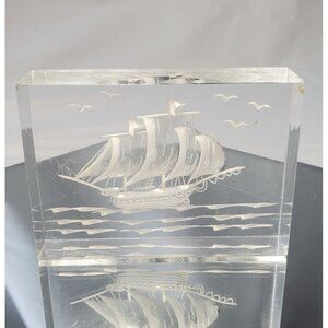 Vintage Reverse Carved Lucite Sailing Ship Boat Etching Paperweight Acrylic